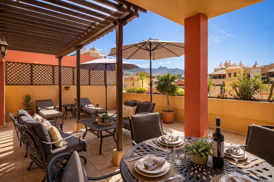 Patio, Day, Natural landscape, View (from property/room), Balcony/Terrace, Living room, Seating area, Dining area, Mountain view