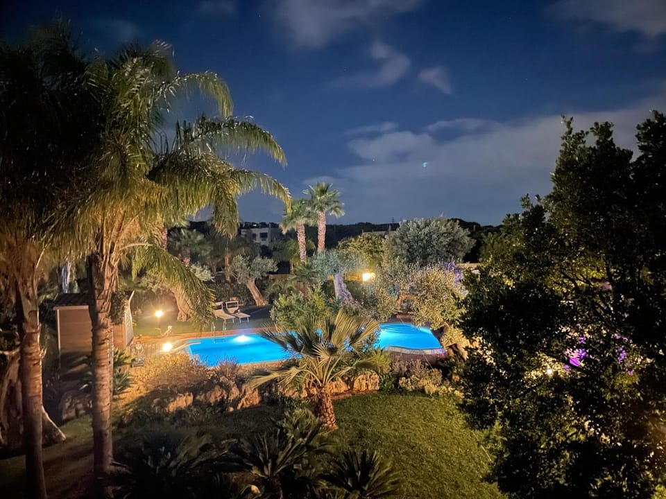 Night, Natural landscape, Garden, Garden view, Pool view, Swimming pool, sunbed