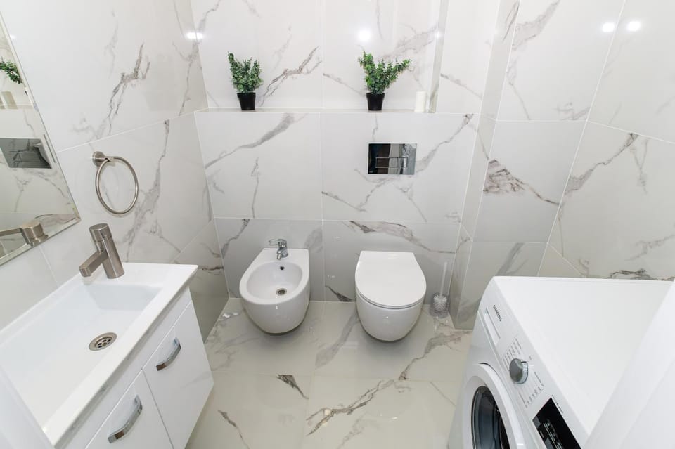 Shower, Toilet, Bathroom, bidet, towels, washing machine