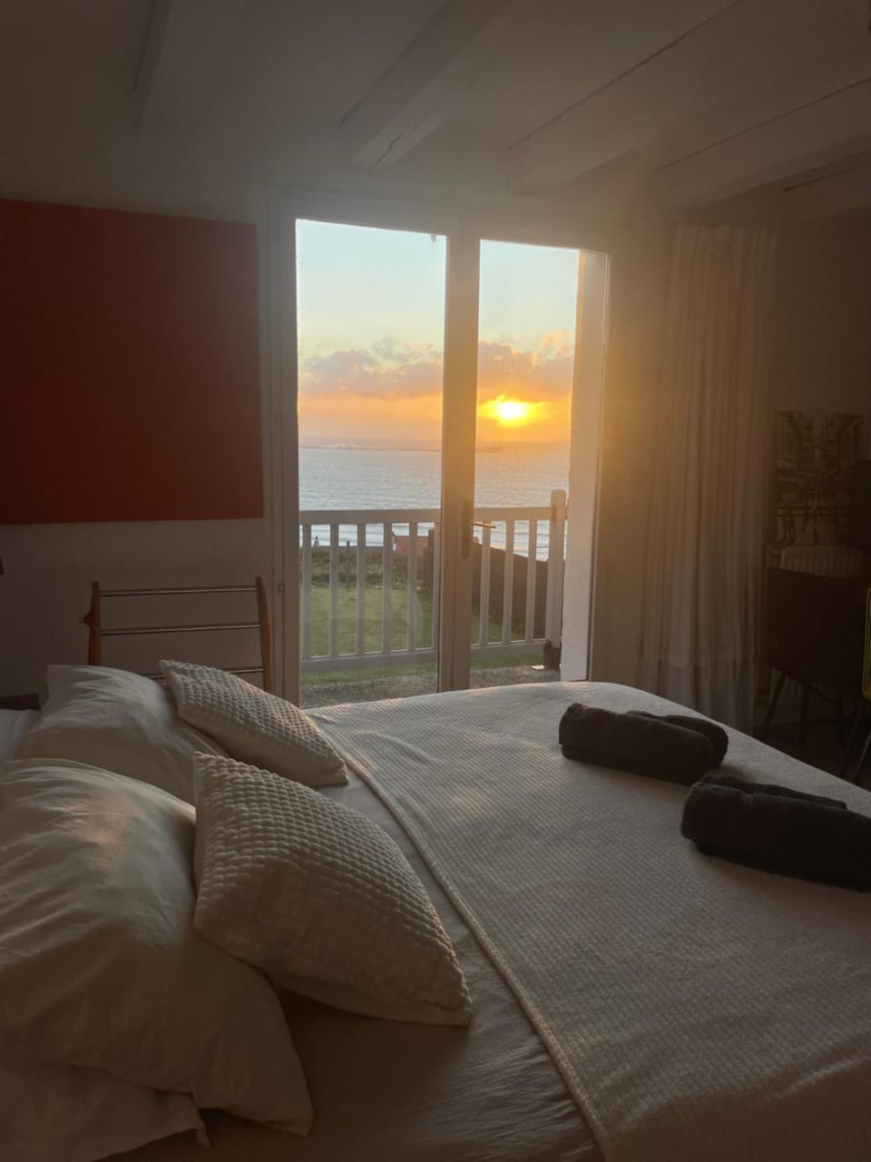 Bed, Natural landscape, Bedroom, Sea view, Sunset