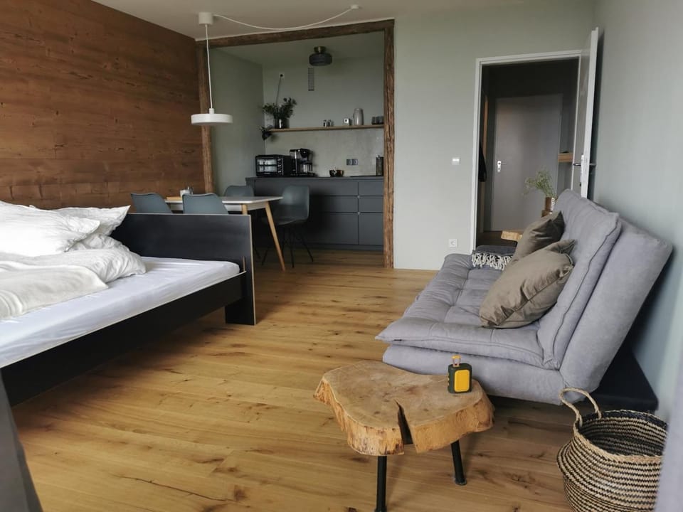 Bed, Kitchen or kitchenette, Seating area