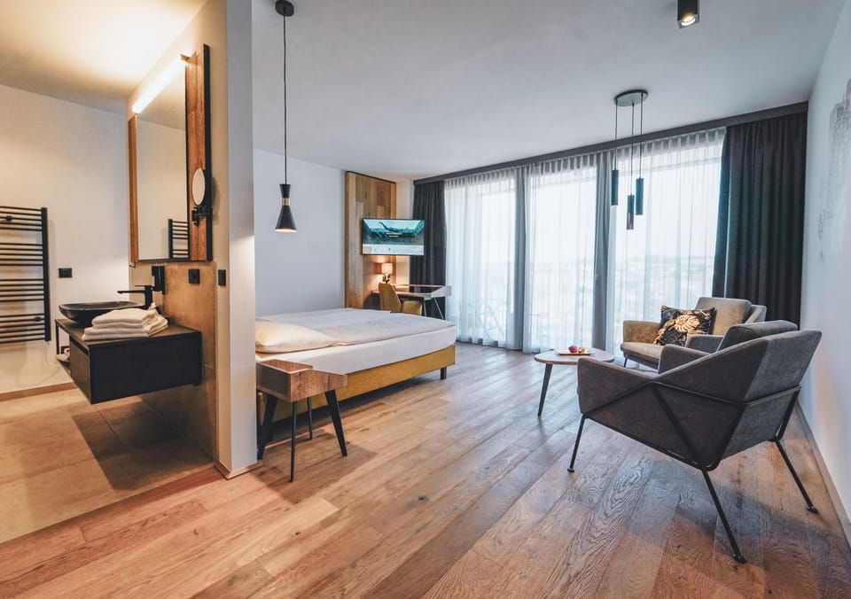 Bed, Bathroom, Balcony/Terrace, Photo of the whole room, Decorative detail, Seating area, Bedroom