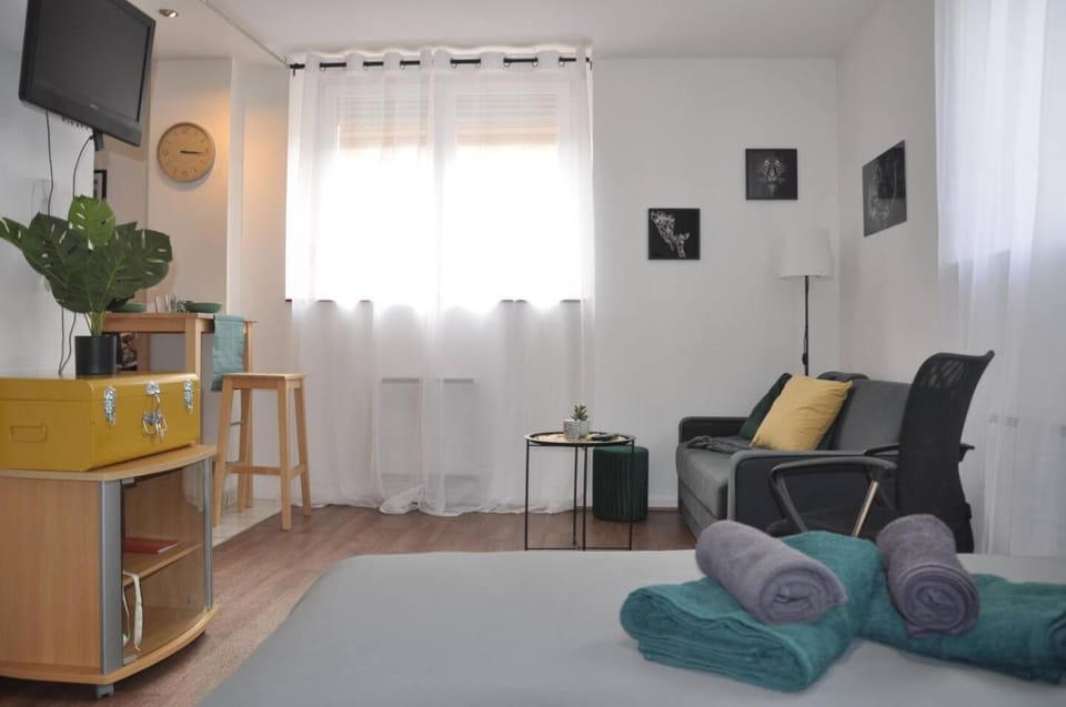 Bed, TV and multimedia, Living room, Photo of the whole room, Seating area, Bedroom, towels