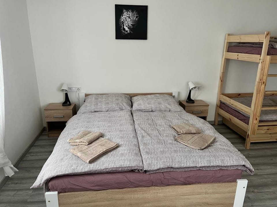 Bed, Photo of the whole room, Bedroom, bunk bed, towels