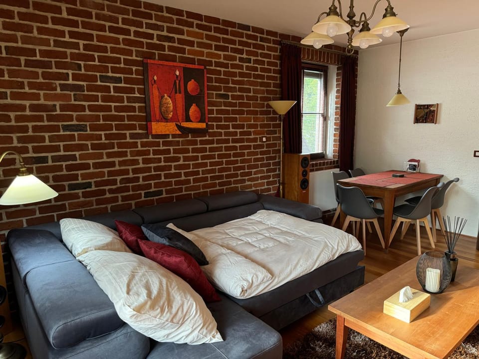 Bed, Living room, Dining area