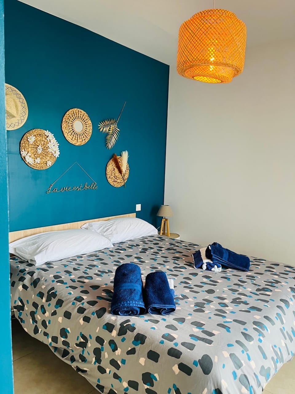 Bed, Photo of the whole room, Bedroom, storage, towels, air conditioner