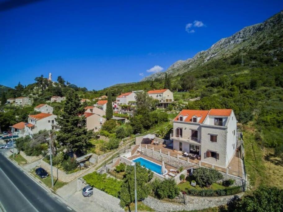 Property building, Day, Natural landscape, Bird's eye view, Pool view, Swimming pool, Parking
