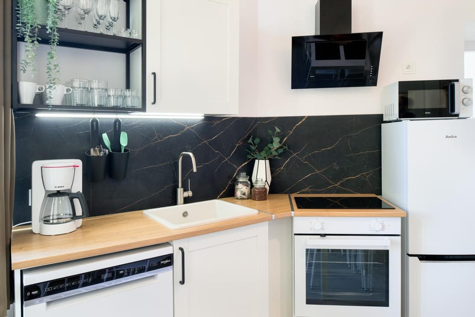 Kitchen or kitchenette, dishwasher, oven, stove