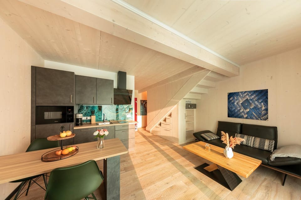 Kitchen or kitchenette, Living room, Seating area, Dining area, microwave, stove, kitchen