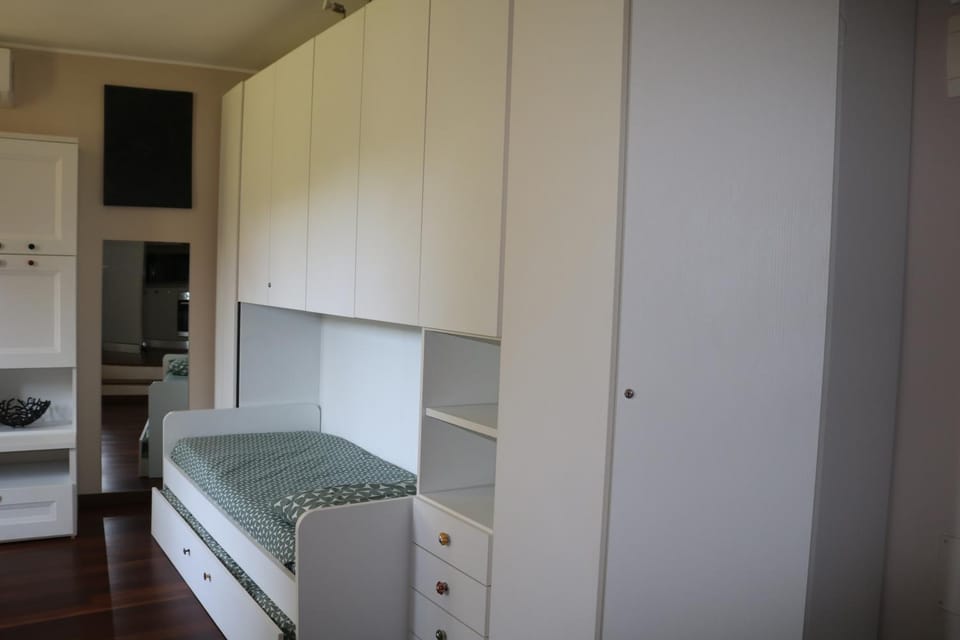 Bed, wardrobe