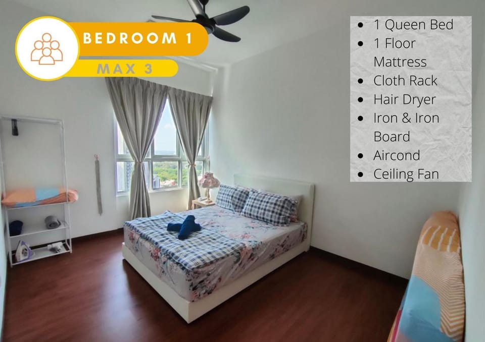 Bed, Photo of the whole room, Bedroom, Text overlay, fireplace, furniture, towels, air conditioner