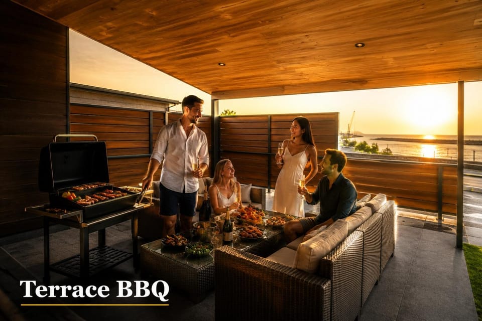 People, BBQ facilities, Text overlay, group of guests