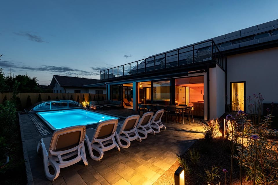 Property building, Night, Swimming pool