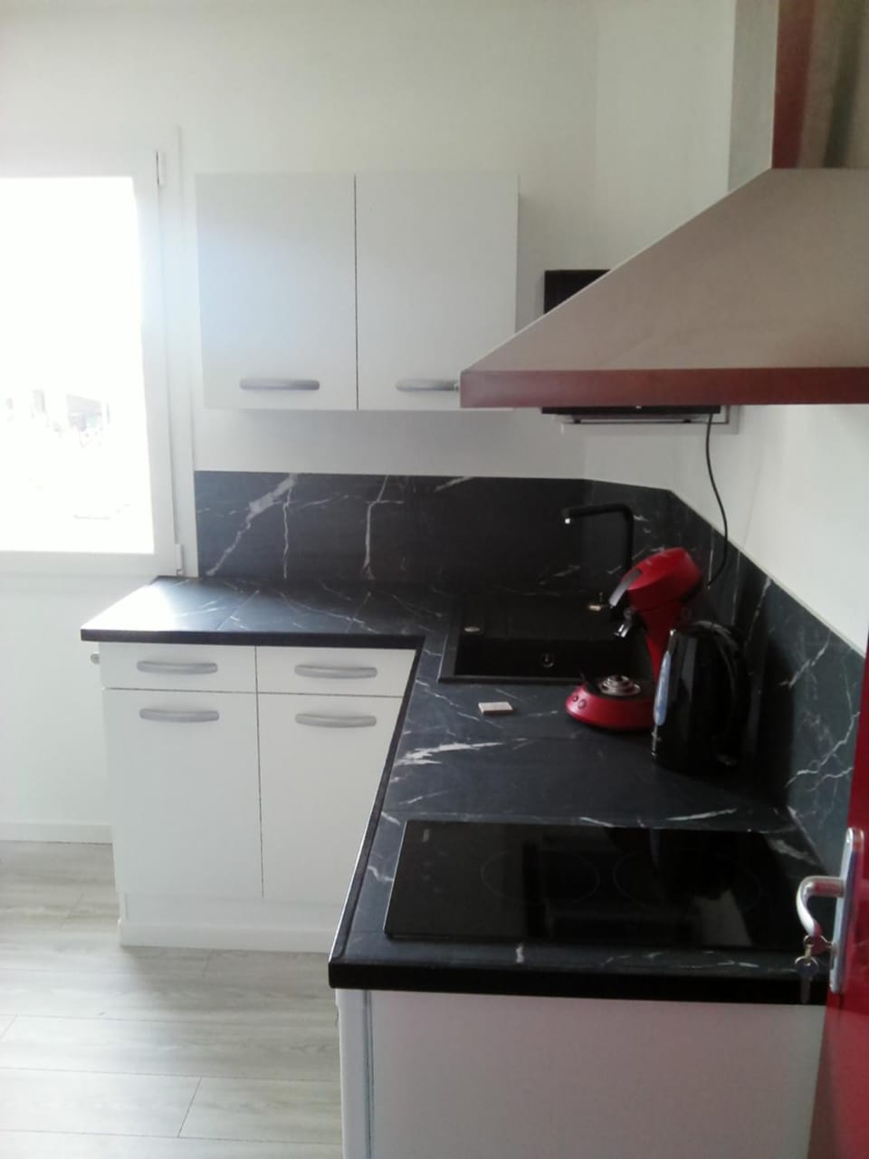 Kitchen or kitchenette, stove