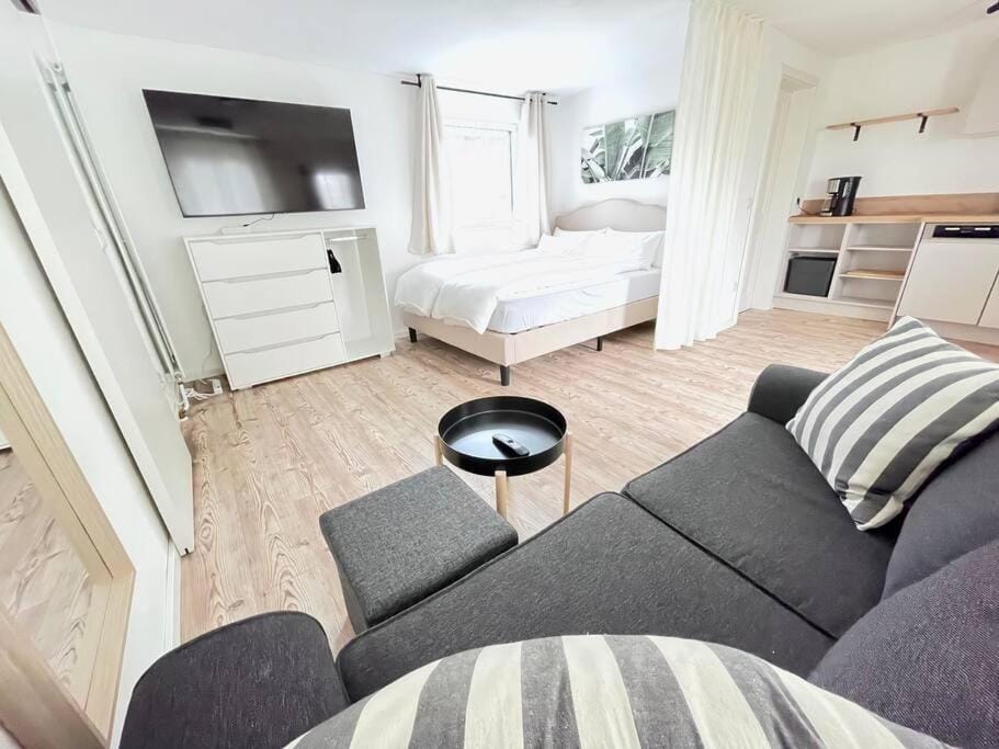 Bed, TV and multimedia, Kitchen or kitchenette, Living room, Seating area