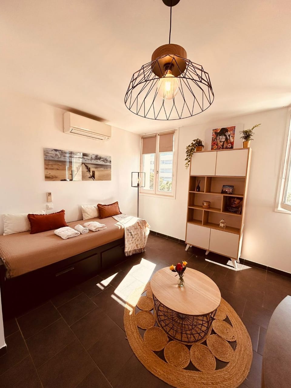 Shower, Bed, Bathroom, Living room, Photo of the whole room, Seating area, Bedroom