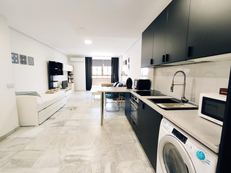 Kitchen or kitchenette, dishwasher, minibar, stove, washing machine, dryer