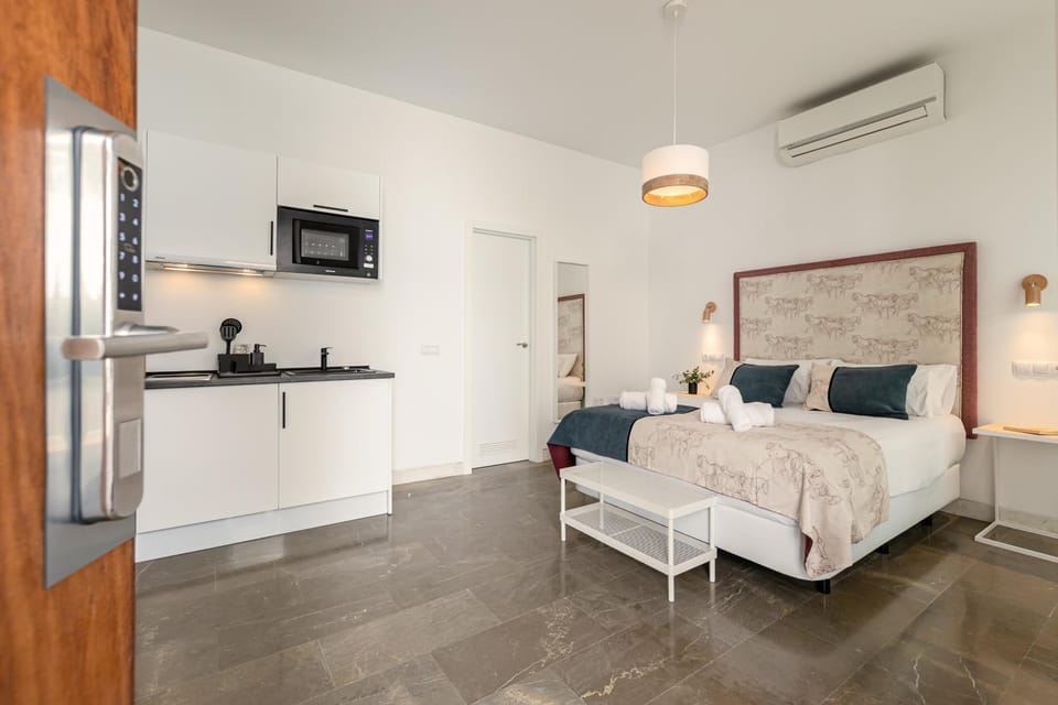 Bed, Kitchen or kitchenette, Photo of the whole room, Bedroom, minibar, towels, air conditioner