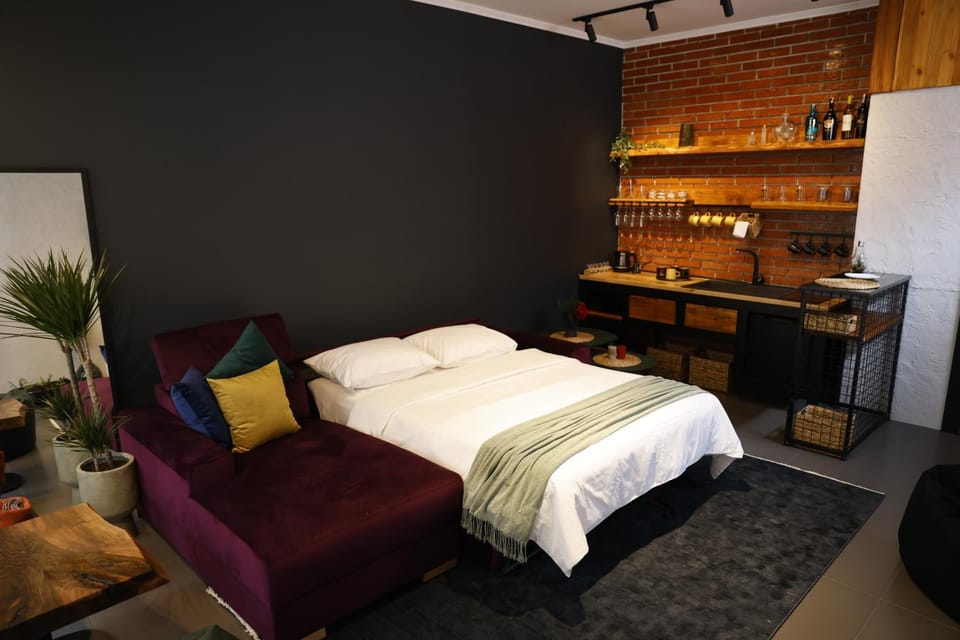 Bed, Kitchen or kitchenette, Living room, Seating area, Bedroom