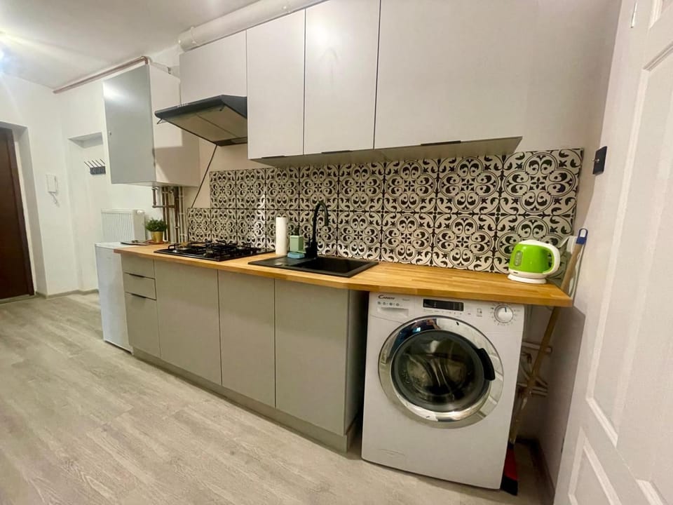Kitchen or kitchenette, stove, washing machine