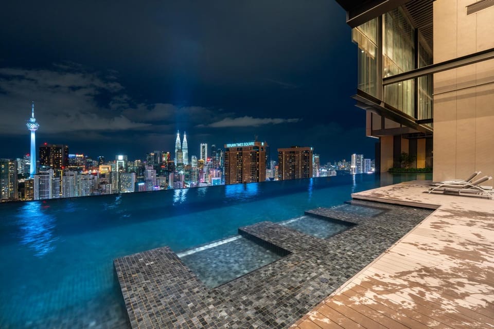 Night, City view, Swimming pool