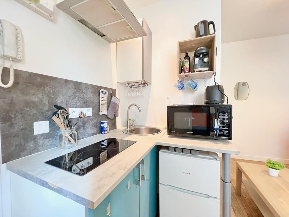 Kitchen or kitchenette, minibar, stove, toaster