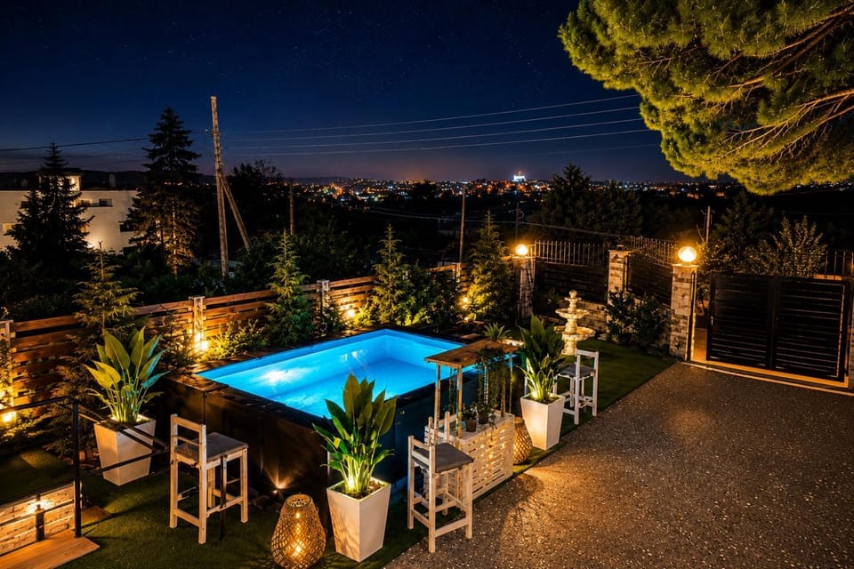 Property building, Patio, Night, Natural landscape, Pool view, Swimming pool, sunbed
