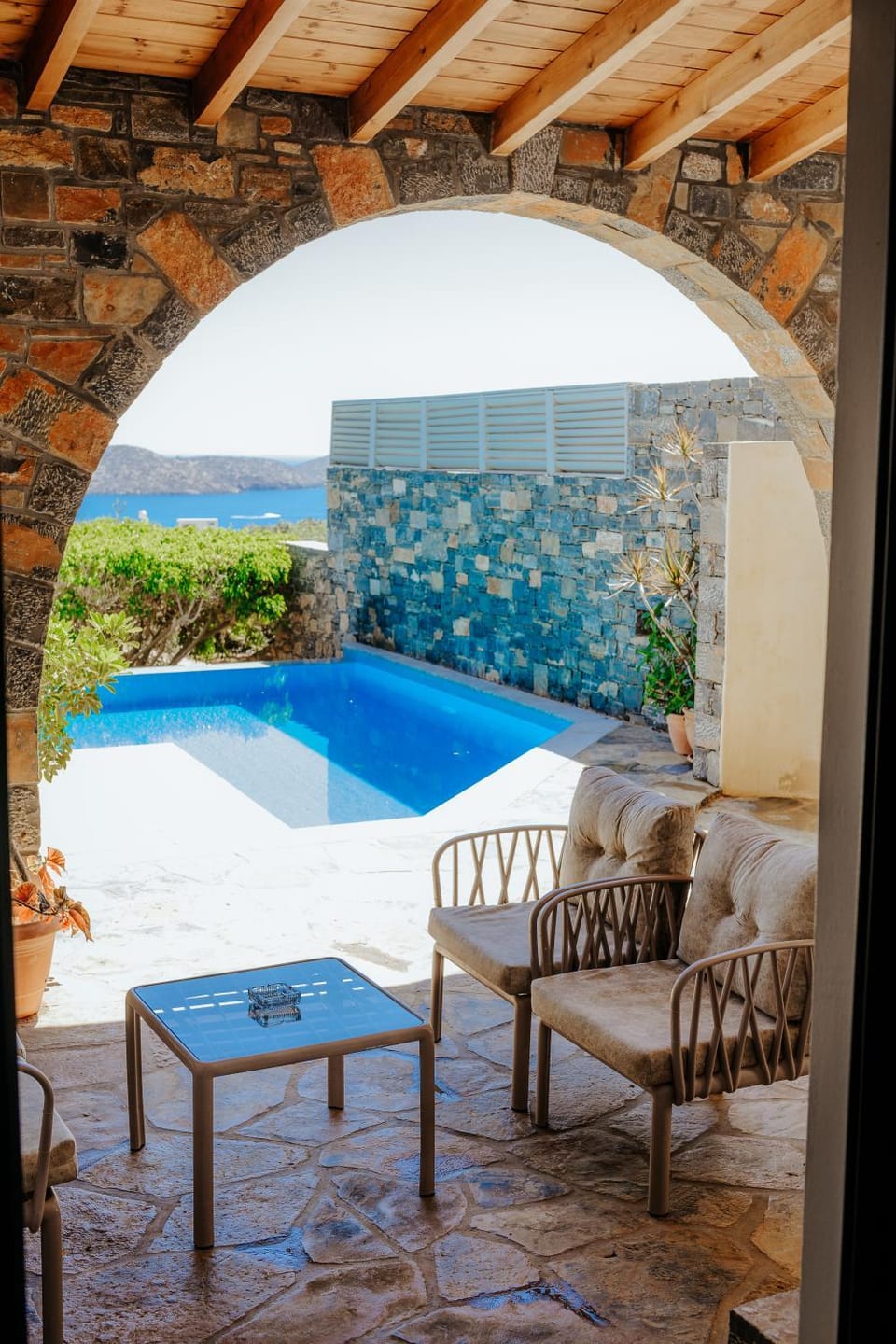 Patio, Decorative detail, Seating area, Sea view, Swimming pool