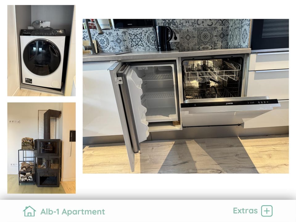 Kitchen or kitchenette, dishwasher, heating, microwave, oven, washing machine