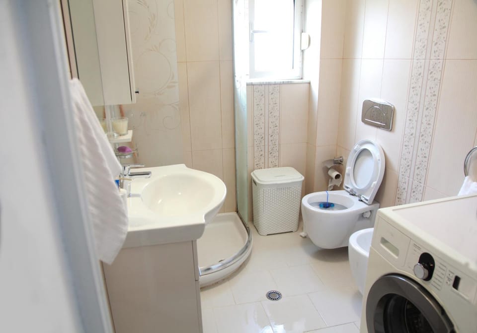 Shower, Toilet, Bathroom, bidet, towels, washing machine