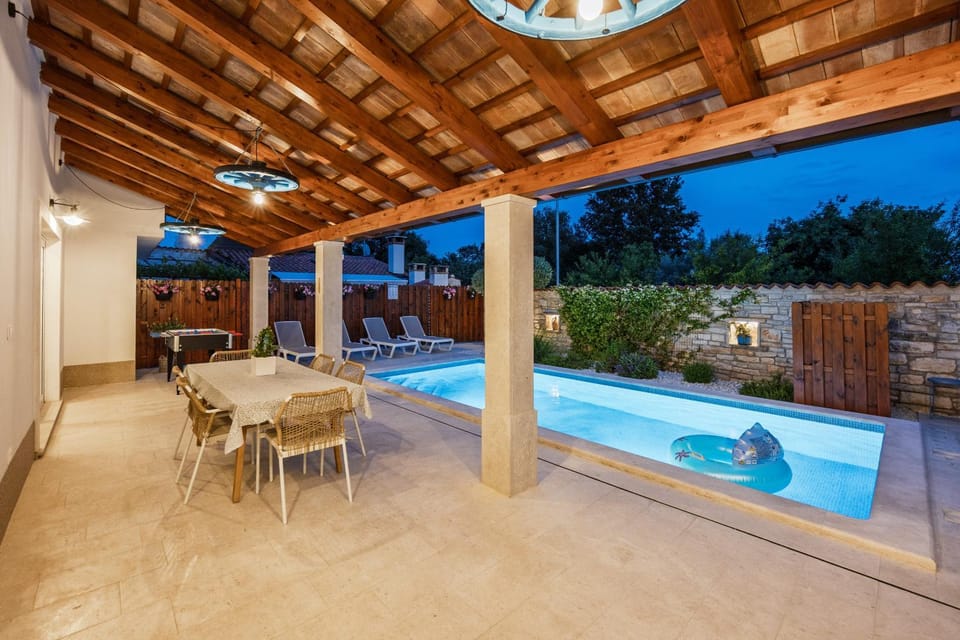 Patio, Night, Natural landscape, Pool view, Swimming pool, sunbed