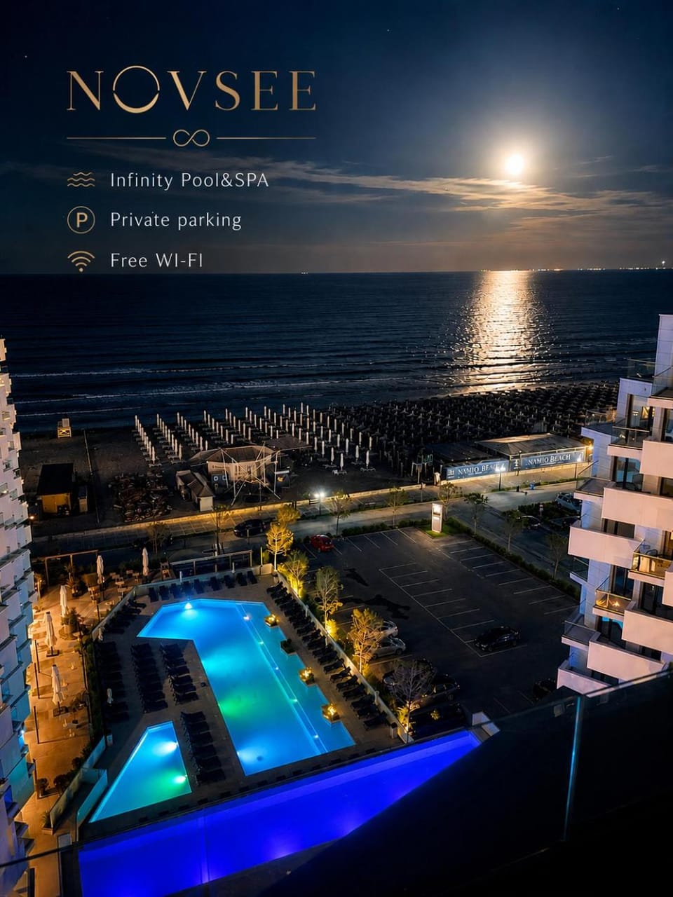 Property building, Night, Natural landscape, Beach, Pool view, Pool view, Sea view, Swimming pool, Swimming pool