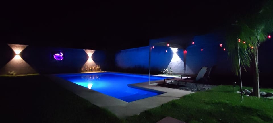 Night, Pool view, Swimming pool, sunbed