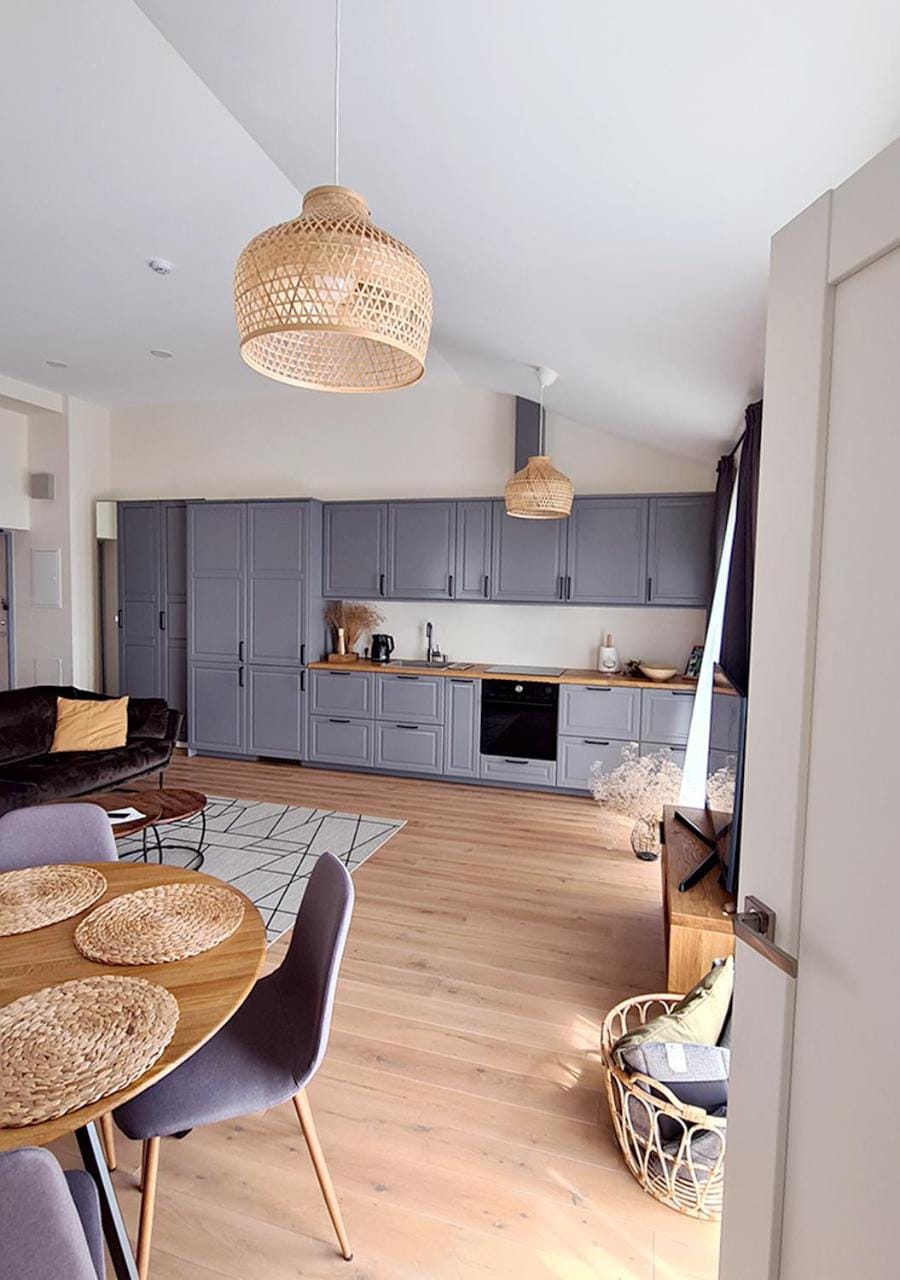Kitchen or kitchenette, Living room, Seating area, Dining area