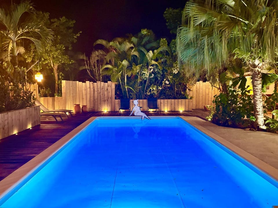Night, Garden, Decorative detail, Garden view, Pool view, Swimming pool, sunbed