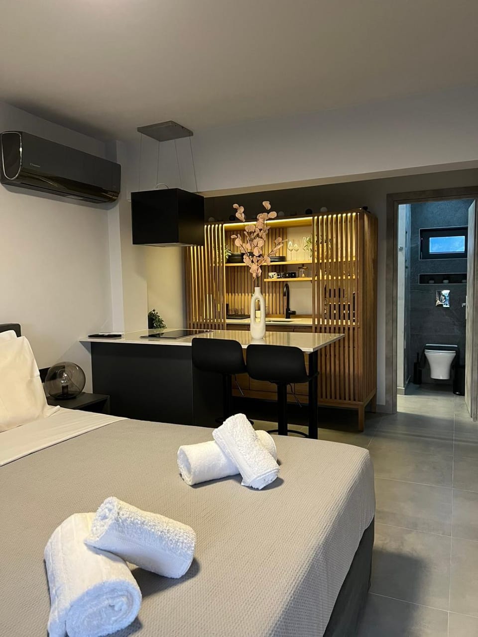 Bed, Kitchen or kitchenette, Living room, Photo of the whole room, Seating area, Bedroom, towels, wardrobe, air conditioner