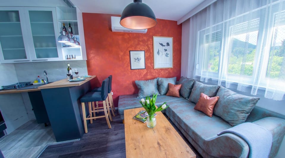 Kitchen or kitchenette, Living room, Seating area, Dining area