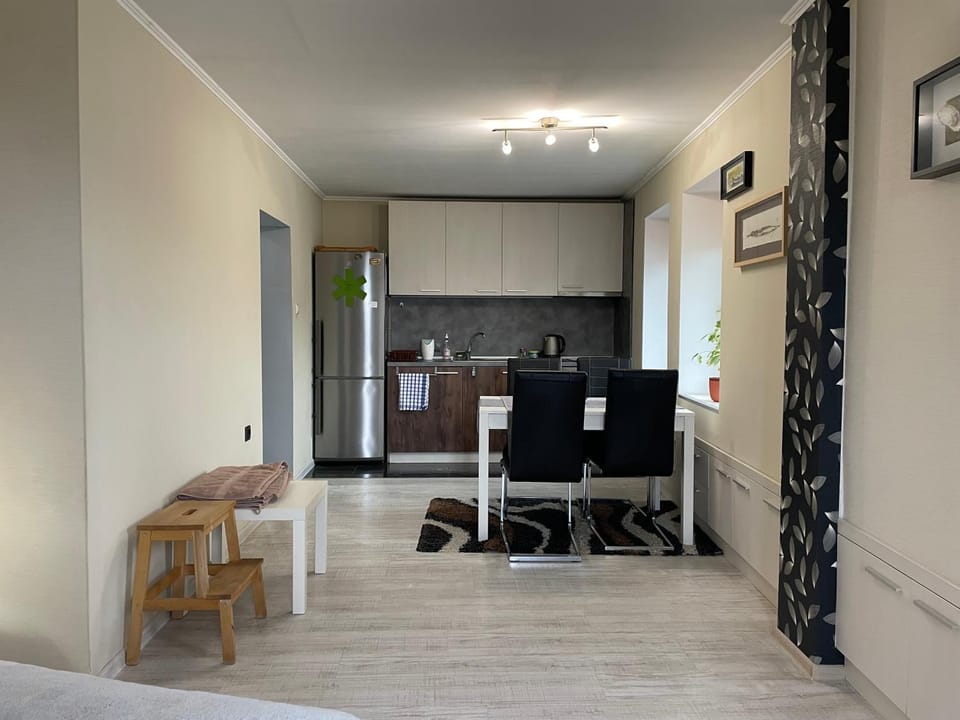 Kitchen or kitchenette, Living room, Seating area, Dining area