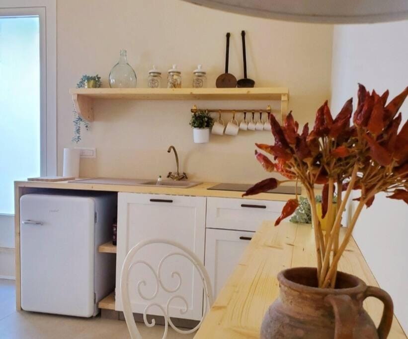 Kitchen or kitchenette, stove