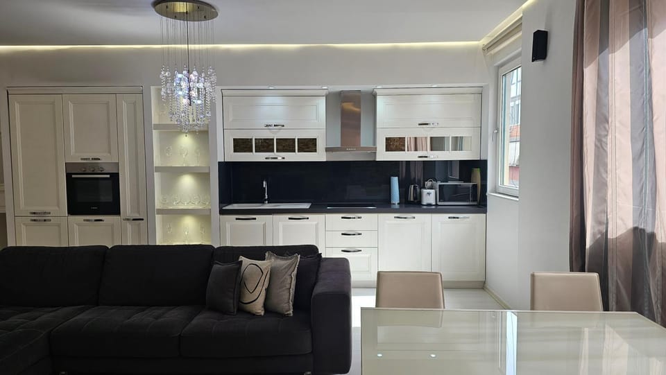 Kitchen or kitchenette, Living room, Seating area, dishwasher, stove