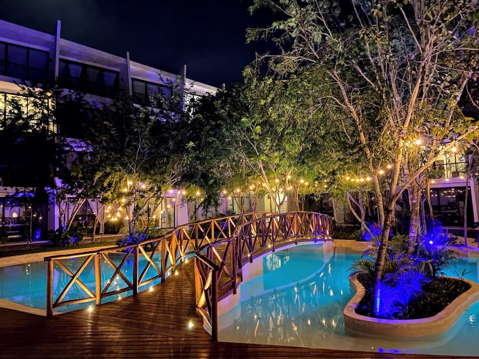 Property building, Night, Garden, Garden view, Pool view, Swimming pool