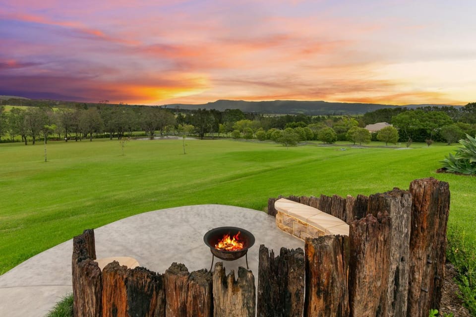 Natural landscape, Mountain view, Sunset, fireplace