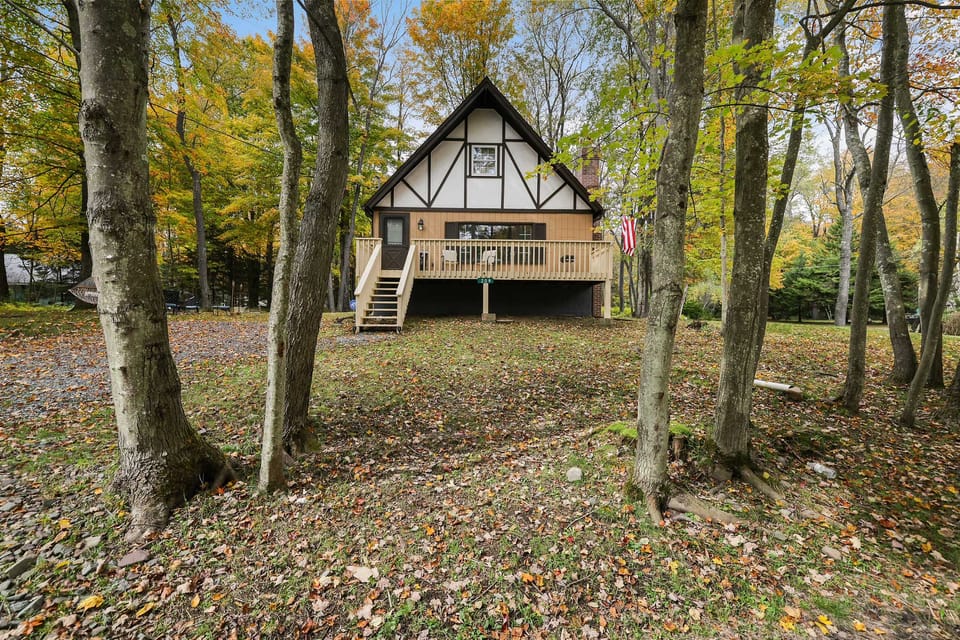 Game Room & Fire Pit: Tree-Lined Pocono Lake Cabin House in Coolbaugh Township