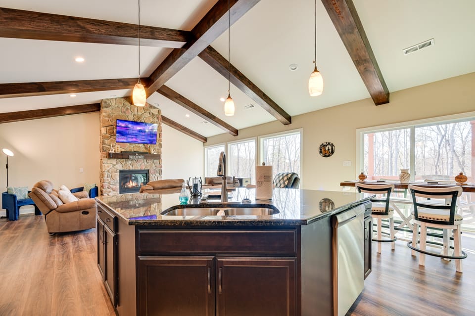 Home Gym & Fireplace: Roaring River Retreat House in North Carolina