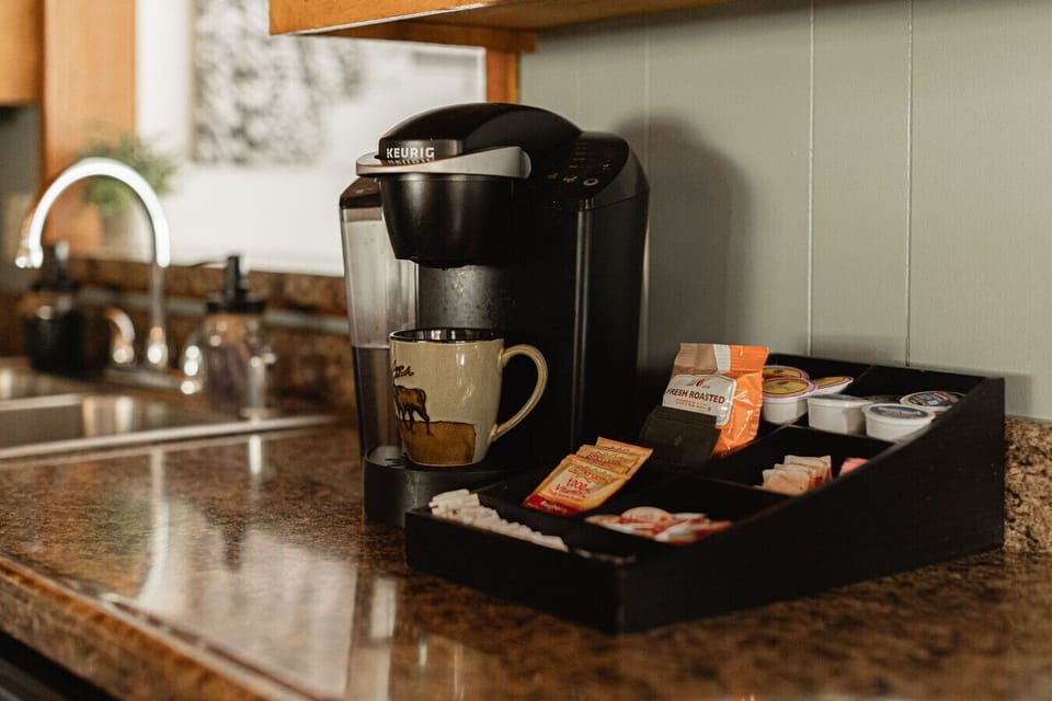 Luxury tea and coffee set up awaits you at Knoll Lake Cabin.