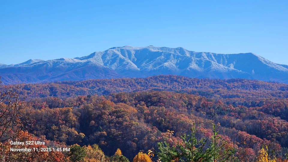 Snow-capped mountain view from the back porch