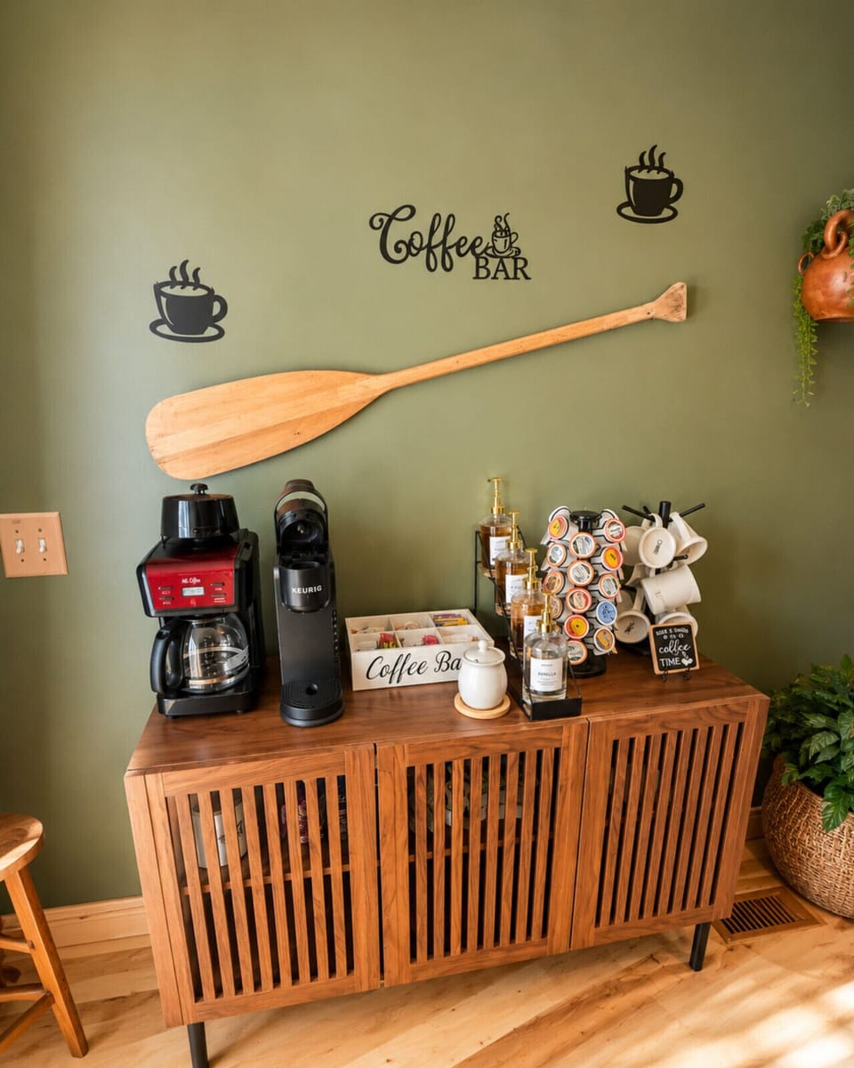 Cozy coffee bar with Keurig station and rustic lakehouse charm — the perfect spot to start your Lake of the Ozarks mornings.