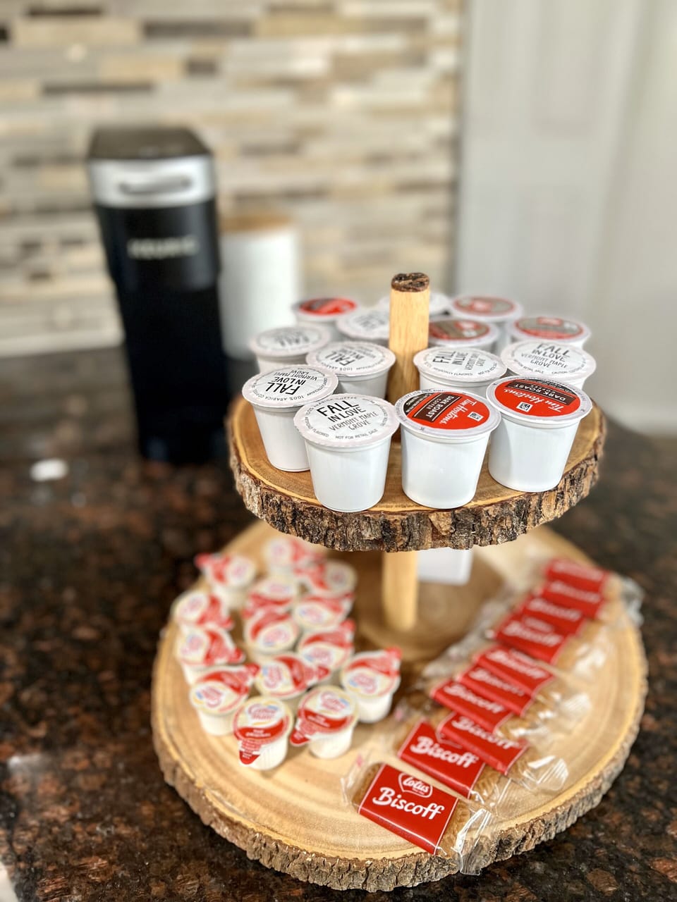 Coffee bar with K cups, creamer, sugar, and Biscoff biscuits for a kick start.