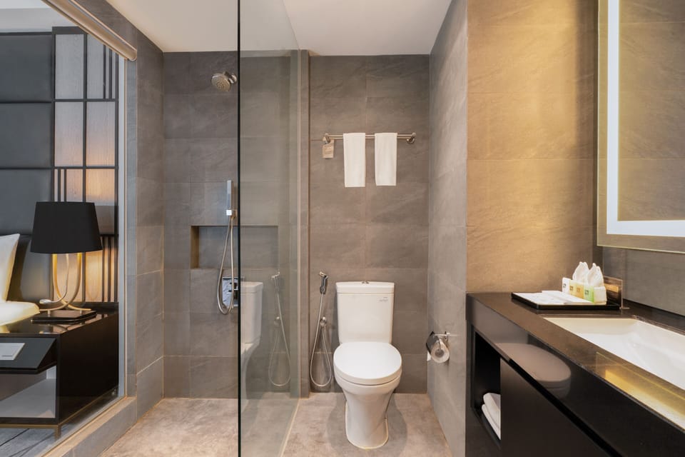 Combined shower/tub, rainfall showerhead, free toiletries, hair dryer