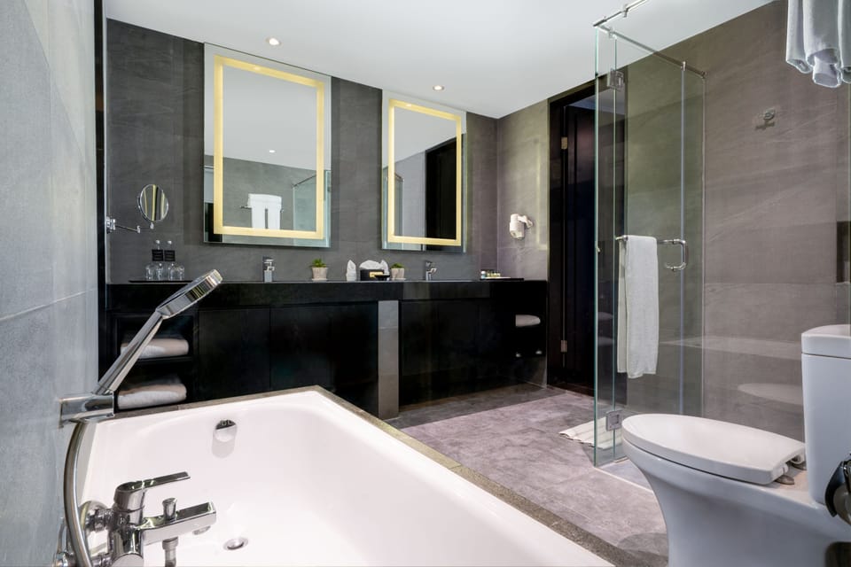 Combined shower/tub, rainfall showerhead, free toiletries, hair dryer